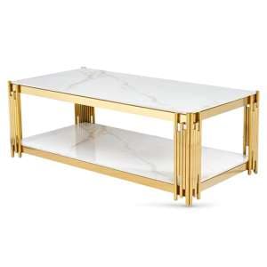 Bastia Sintered Stone Coffee Table In White With Gold Frame - UK