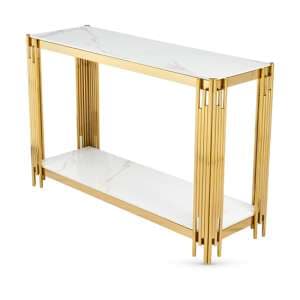Bastia Sintered Stone Console Table In White With Gold Frame - UK