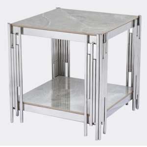 Bastia Sintered Stone End Table In Grey With Chrome Frame - UK