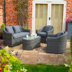 Baxton Outdoor Sofa Set With Coffee Table In Grey Weave Effect - UK