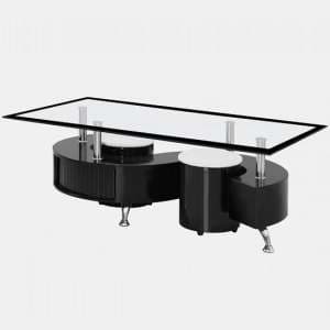 Beata Glass Coffee Table With 2 Stools In Black High Gloss Base - UK