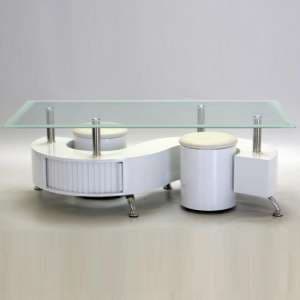 Beata Glass Coffee Table With 2 Stools In White High Gloss Base - UK