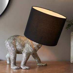 Beaune Bear Black Fabric Shade Table Lamp In Vintage Silver - UK