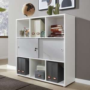 Beile Wooden Shelving Unit With 2 Sliding Doors In White