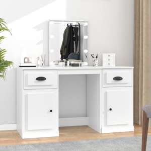 Belicia Wooden Dressing Table In White With Mirror And LED