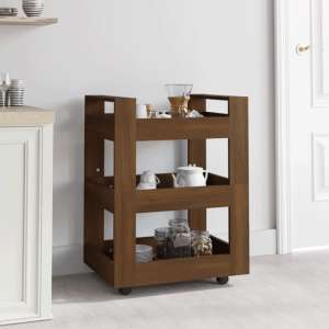 Belicia Wooden Kitchen Trolley With 3 Shelves In Brown Oak