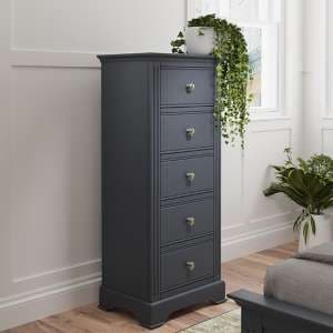 Belton Narrow Wooden Chest Of 5 Drawers In Midnight Grey - UK