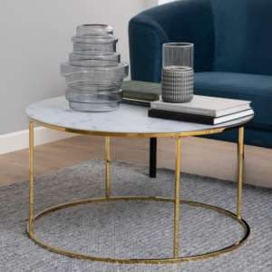 Bemid White Marble Effect Glass Coffee Table With Gold Frame - UK