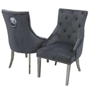 Benton Lion Knocker Dark Grey Velvet Dining Chairs In Pair