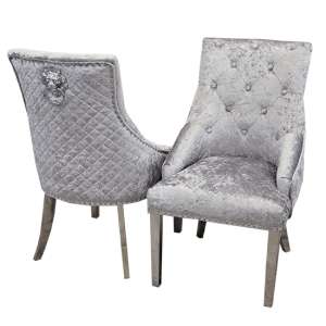 Benton Lion Knocker Grey Shimmer Velvet Dining Chairs In Pair
