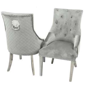 Benton Lion Knocker Light Grey Velvet Dining Chairs In Pair