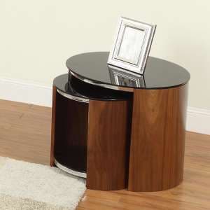 Bentwood Walnut Black Glass Nesting Tables With Chrome Frame