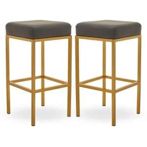 Baino Dark Grey Leather Bar Stools With Gold Legs In A Pair - UK