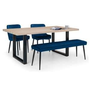 Bacca Oak Dining Table With Bench And 2 Lakia Blue Chairs
