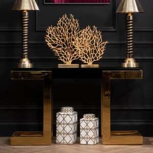 Bibha Black Glass Top Console Table With Gold Frame - UK