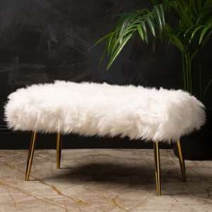 Biloxi Faux Fur Hallway Seating Bench In White With Gold Legs - UK