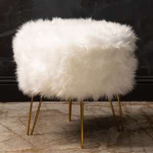 Biloxi Faux Fur Ottoman Stool In White With Gold Legs - UK