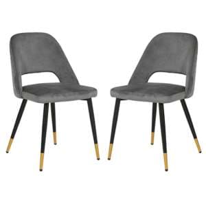 Biretta Grey Velvet Dining Chairs With Metal Frame In Pair