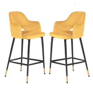 Biretta Mustard Velvet Bar Chairs With Metal Frame In Pair - UK