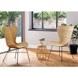 Bissau Rattan Bistro Set In Natural With 2 Puqi Natural Wing Chairs - UK