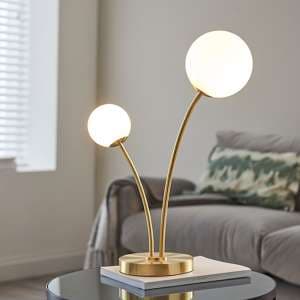 Bloom 2 Lights Opal Glass Table Lamp In Satin Brass - UK