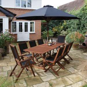 Boarhunt Wooden Dining Set In Factory Stain With Large Parasol
