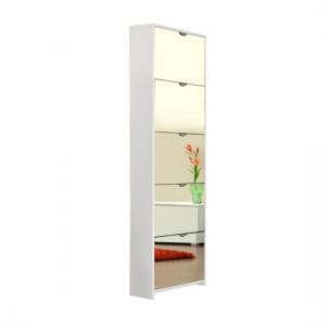 Boddem Mirrored Shoe Cabinet In White With 5 Flap Doors