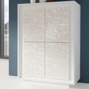 Borden Wooden Highboard In White And Flowers Serigraphy