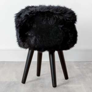 Bovril Sheepskin Stool With Wooden Legs In Black