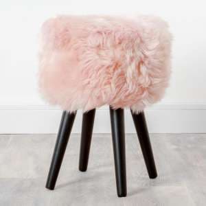 Bovril Sheepskin Stool In Blush Pink With Black Wooden Legs