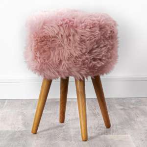 Bovril Sheepskin Stool With Oak Wooden Legs In Blush Pink