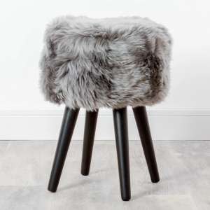 Bovril Sheepskin Stool With Black Wooden Legs In Grey