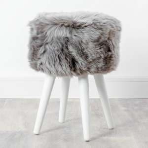 Bovril Sheepskin Stool With White Wooden Legs In Grey