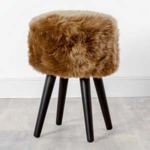 Bovril Sheepskin Stool In Light Brown With Black Wooden Legs