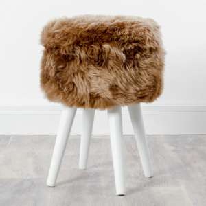 Bovril Sheepskin Stool In Light Brown With White Wooden Legs
