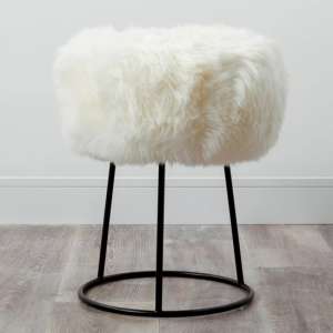 Bovril Sheepskin Stool With Black Metal Legs In Natural White