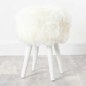 Bovril Sheepskin Stool In Natural White With Wooden Legs