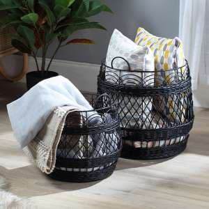 Braila Set Of 2 Rattan Storage Baskets In Black - UK