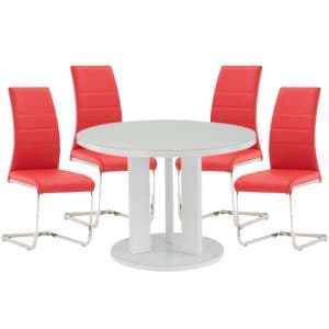 Brambee White Gloss Glass Dining Table And 4 Sako Red Chairs