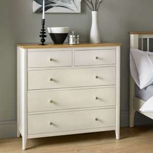 Brandy Wide Chest Of Drawers In Off White And Oak With 5 Drawers - UK