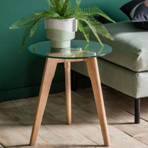 Brix Round Clear Glass Side Table With Natural Oak Base - UK