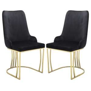 Brixen Black Plush Velvet Dining Chairs With Gold Frame In Pair - UK