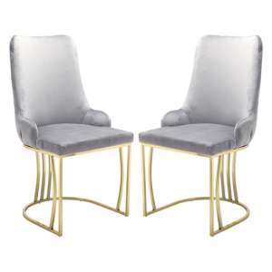 Brixen Grey Plush Velvet Dining Chairs With Gold Frame In Pair - UK
