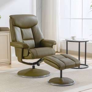 Brixton Plush Swivel Recliner Chair And Stool In Olive Green - UK