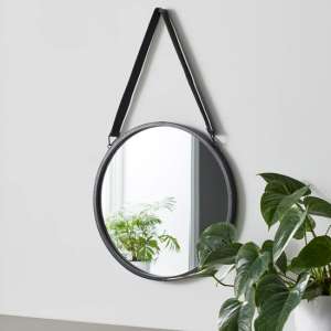 Bronx Round Wall Mirror With Leather Strap In Black Frame - UK