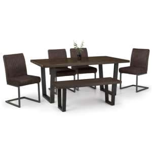 Barras Dark Oak Dining Table With Bench And 4 Grey Chairs