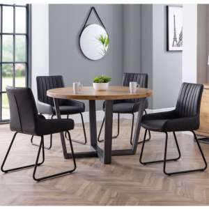 Barras Round Dining Table With 4 Sakaye Black Leather Chairs