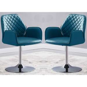 Bucketeer Swivel Teal Faux Leather Dining Chairs In Pair