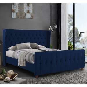 Cadott Plush Velvet Double Bed In Blue - UK