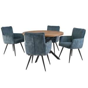 Cadott Wooden Dining Table Round With 4 Lewes Blue Chairs - UK